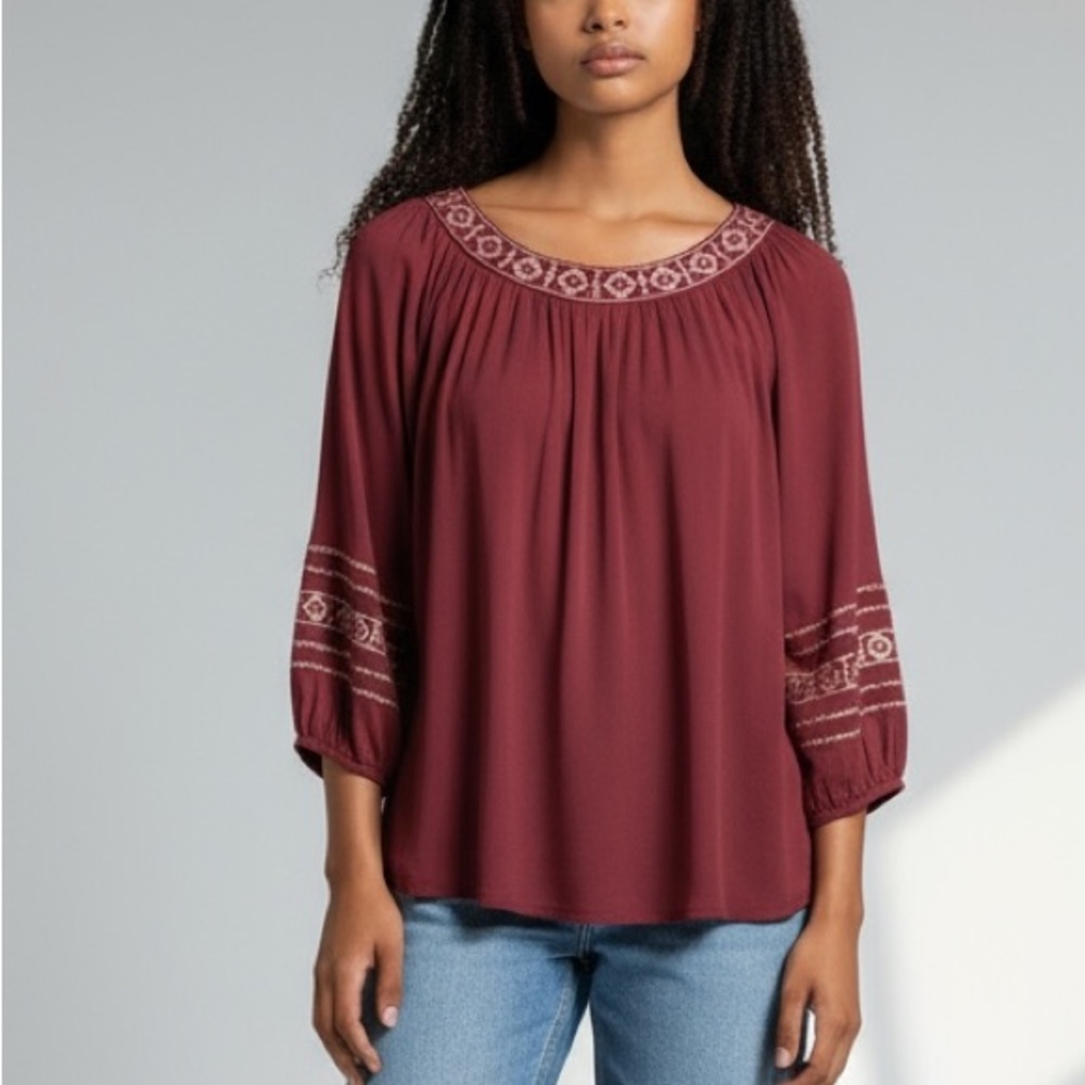 ALYA | Women’s Maroon Embroidered Boho Hi/Lo Wide Neck Tunic Top size Medium